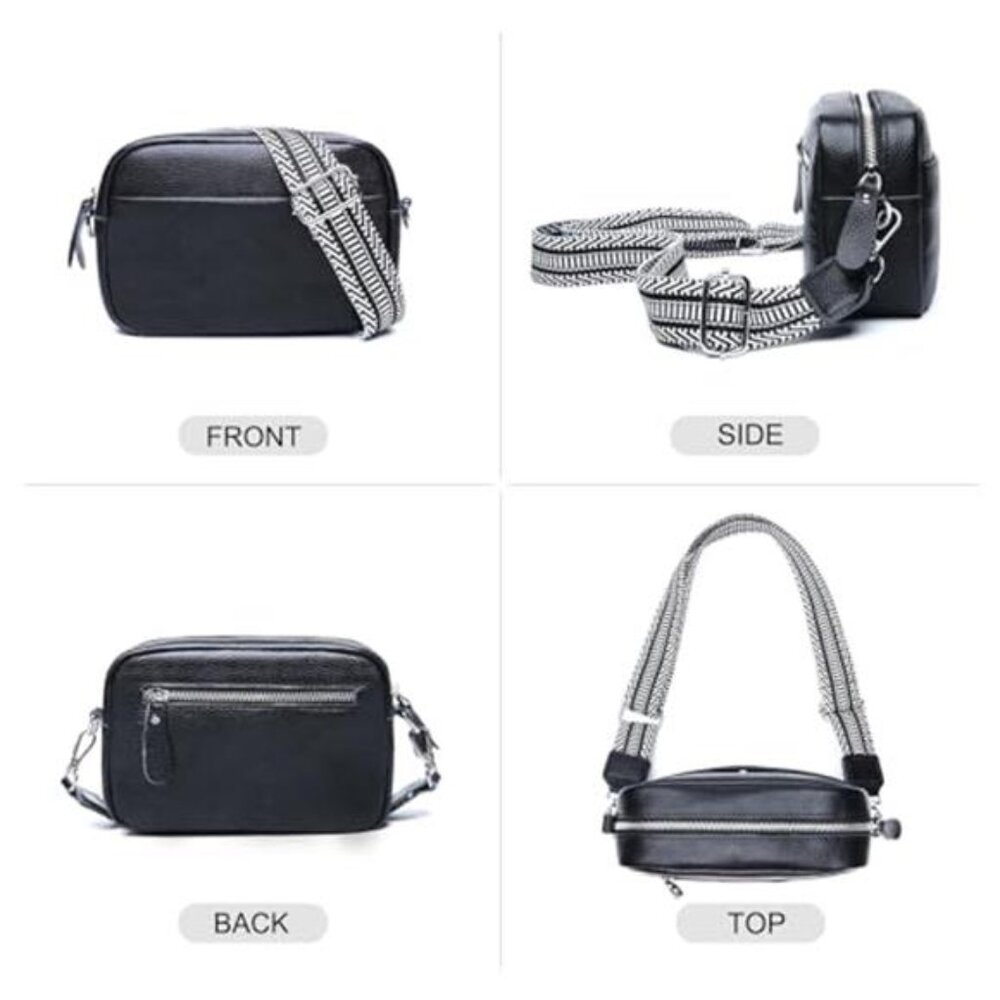 Genuine Leather Crossbody Bag Womens Rfid Camera Purse Guitar Strap Black - Picture 3 of 6